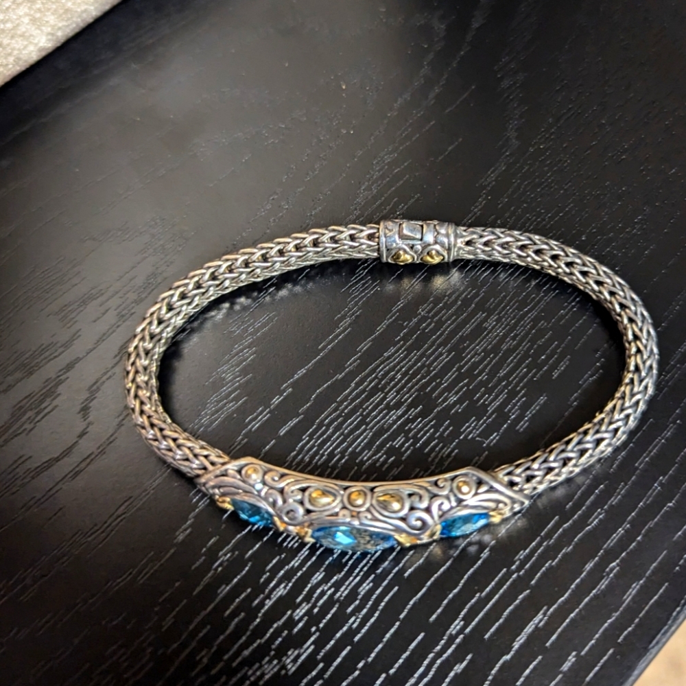 John Hardy 925 Silver Classic Chain Bracelet with 3 Topaz & 18k accents, 6.5mm
